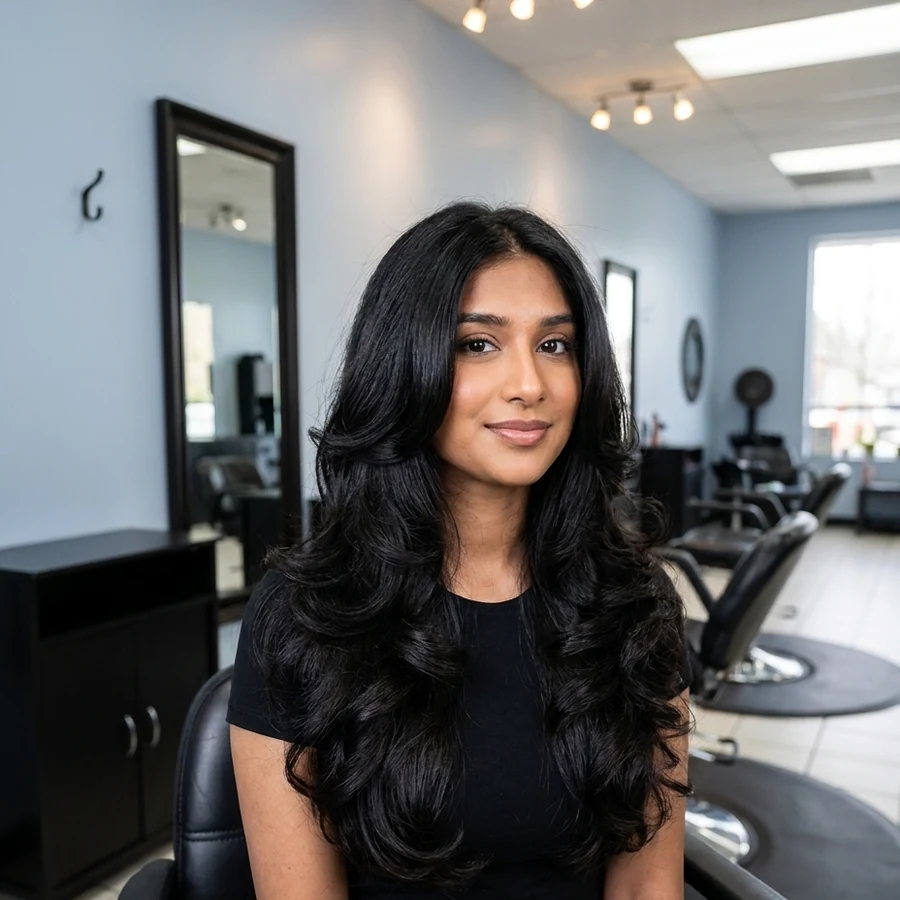 A client's voluminous, glossy blowout hairstyle at Allure Salon