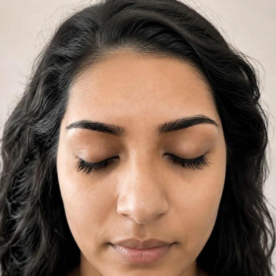 A client's natural, perfectly shaped eyebrows after threading at Allure Salon